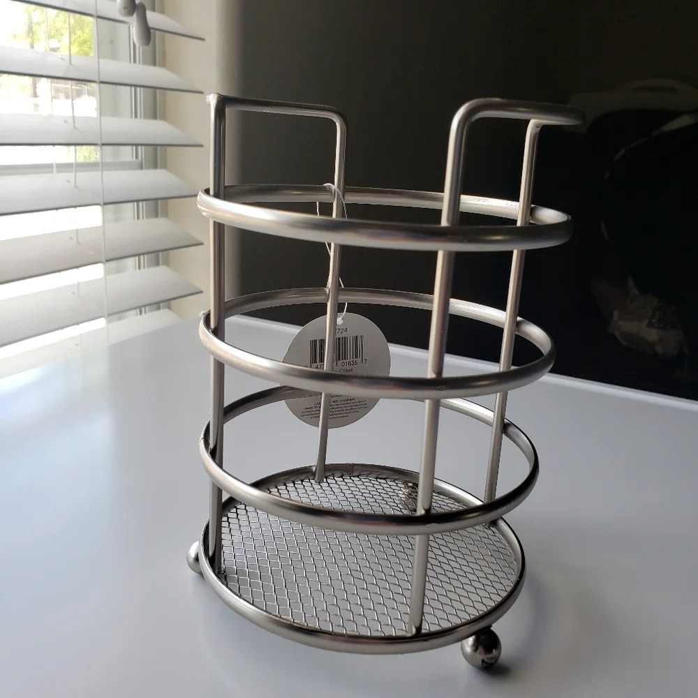 Modern Brushed Satin Nickel Kitchen Utensil Holder | Wire Mesh Crock Organizer